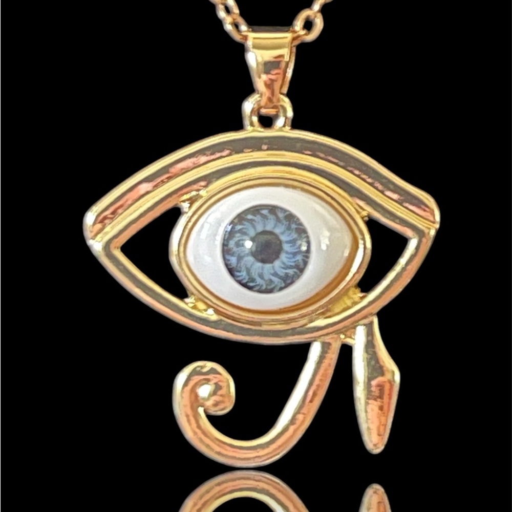 Gold Tone Eye of Horus Necklace Blue Evil Eye Pendant Necklace.